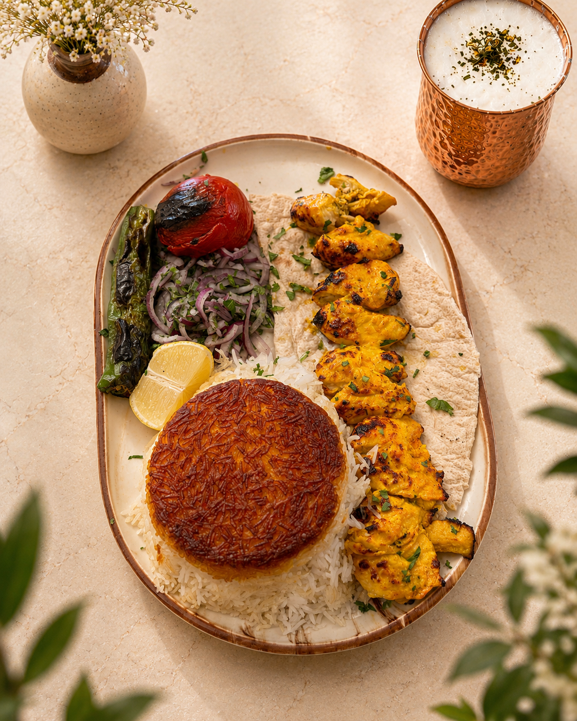 Joojeh kabab marinated chicken with saffron rice, grilled tomato and a copper doogh